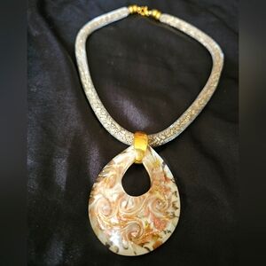Murano Glass Large Cream Pink Gold Drop Pendant Necklace